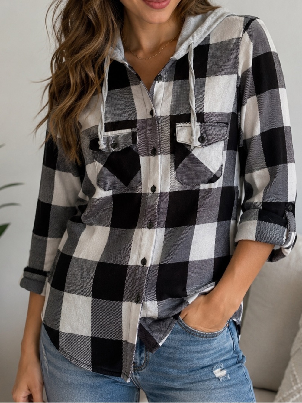 Streetwear Society Buffalo Plaid Hooded Button Front Shirt Small Black White